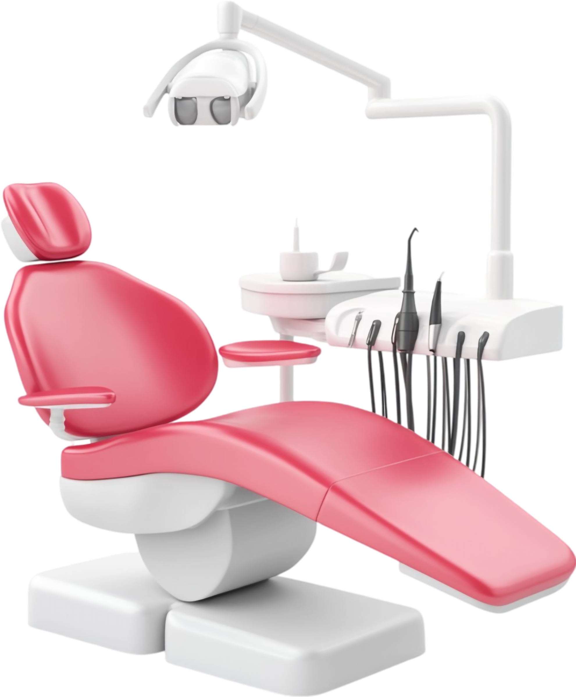 Sillón dental rosa con unidad de trabajo y lámpara